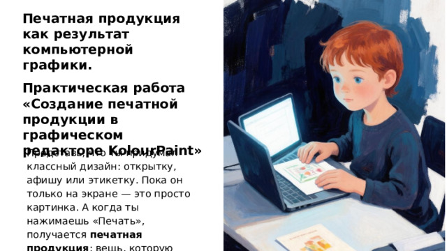 Печатная продукция как результат компьютерной графики. Практическая работа «Создание печатной продукции в графическом редакторе KolourPaint»  Представь, что ты придумал классный дизайн: открытку, афишу или этикетку. Пока он только на экране — это просто картинка. А когда ты нажимаешь «Печать», получается печатная продукция : вещь, которую можно взять в руки.  