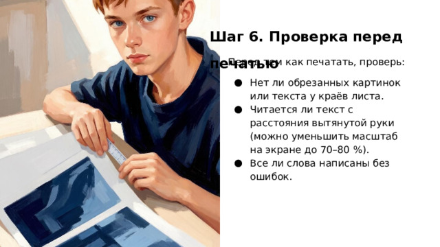 Шаг 6. Проверка перед печатью Перед тем как печатать, проверь: Нет ли обрезанных картинок или текста у краёв листа. Читается ли текст с расстояния вытянутой руки (можно уменьшить масштаб на экране до 70–80 %). Все ли слова написаны без ошибок.  