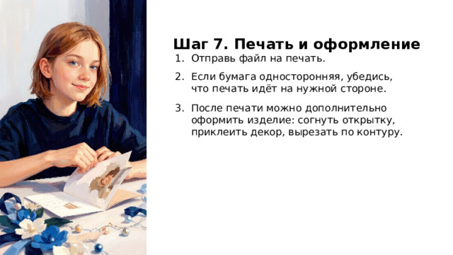 Шаг 7. Печать и оформление Отправь файл на печать. Если бумага односторонняя, убедись, что печать идёт на нужной стороне. После печати можно дополнительно оформить изделие: согнуть открытку, приклеить декор, вырезать по контуру.  