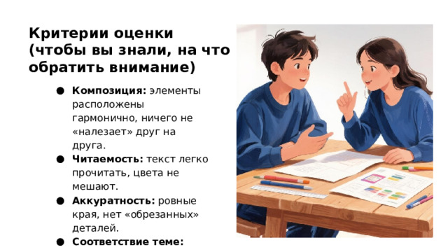 Критерии оценки (чтобы вы знали, на что обратить внимание) Композиция: элементы расположены гармонично, ничего не «налезает» друг на друга. Читаемость: текст легко прочитать, цвета не мешают. Аккуратность: ровные края, нет «обрезанных» деталей. Соответствие теме: открытка похожа на открытку, афиша — на афишу.  