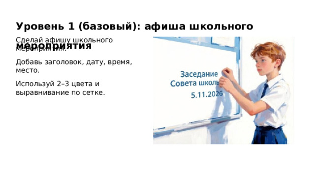 Уровень 1 (базовый): афиша школьного мероприятия Сделай афишу школьного мероприятия. Добавь заголовок, дату, время, место. Используй 2–3 цвета и выравнивание по сетке.  