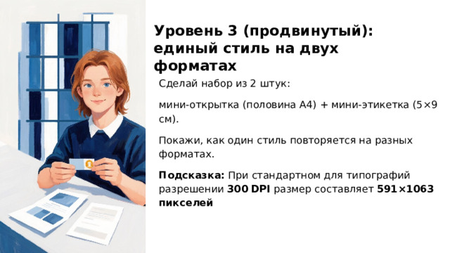 Уровень 3 (продвинутый): единый стиль на двух форматах Сделай набор из 2 штук: мини‑открытка (половина А4) + мини‑этикетка (5×9 см). Покажи, как один стиль повторяется на разных форматах. Подсказка: При стандартном для типографий разрешении 300 DPI размер составляет 591×1063 пикселей  