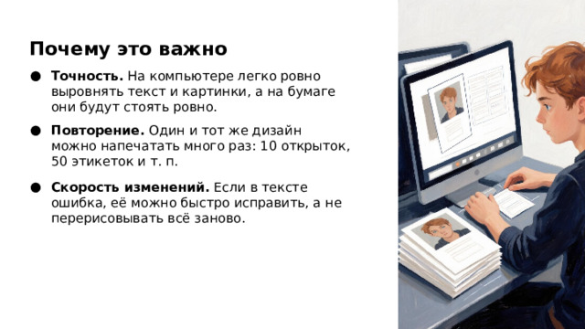 Почему это важно Точность. На компьютере легко ровно выровнять текст и картинки, а на бумаге они будут стоять ровно. Повторение. Один и тот же дизайн можно напечатать много раз: 10 открыток, 50 этикеток и т. п. Скорость изменений. Если в тексте ошибка, её можно быстро исправить, а не перерисовывать всё заново.  