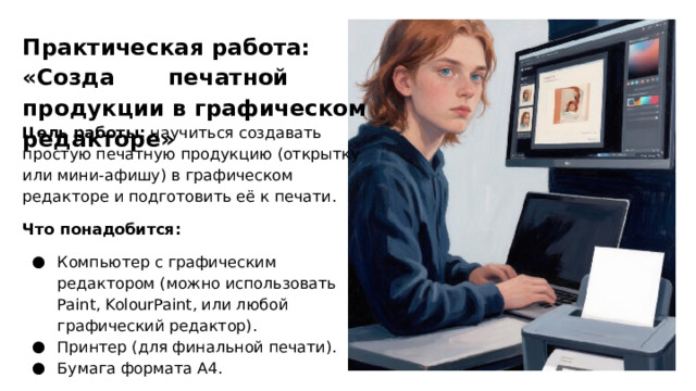 Практическая работа: «Созда ние печатной продукции в графическом редакторе» Цель работы: научиться создавать простую печатную продукцию (открытку или мини‑афишу) в графическом редакторе и подготовить её к печати. Что понадобится: Компьютер с графическим редактором (можно использовать Paint, KolourPaint, или любой графический редактор). Принтер (для финальной печати). Бумага формата А4.  