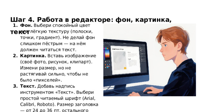 Шаг 4. Работа в редакторе: фон, картинка, текст Фон. Выбери спокойный цвет или лёгкую текстуру (полоски, точки, градиент). Не делай фон слишком пёстрым — на нём должен читаться текст. Картинка. Вставь изображение (своё фото, рисунок, клипарт). Измени размер, но не растягивай сильно, чтобы не было «пикселей». Текст. Добавь надпись инструментом «Текст». Выбери простой читаемый шрифт (Arial, Calibri, Roboto). Размер заголовка — от 24 до 36 пт, остального текста — 14–18 пт.  