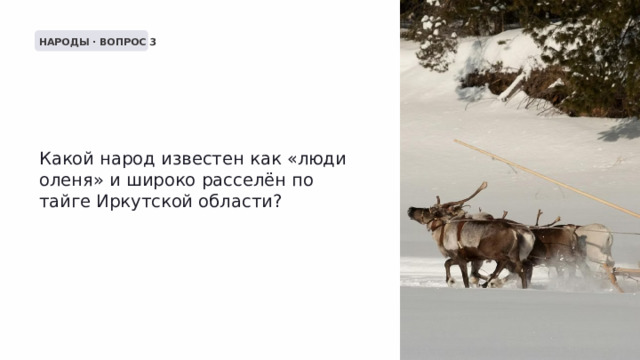 НАРОДЫ · ВОПРОС 3 Какой народ известен как «люди оленя» и широко расселён по тайге Иркутской области? 