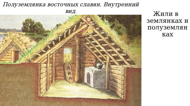 Полуземлянка восточных славян. Внутренний вид . Жили в землянках и полуземлянках 