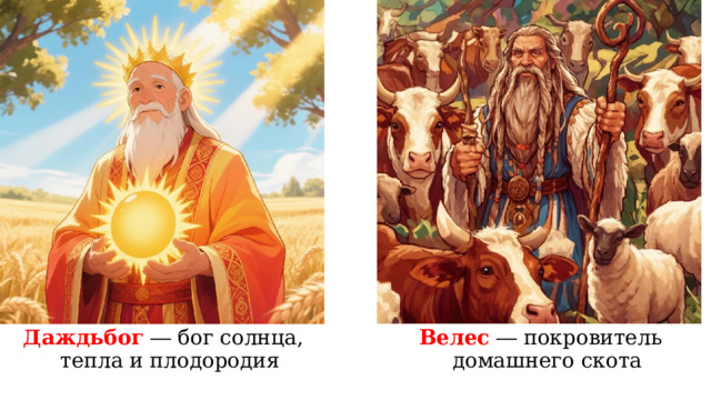Даждьбог ― бог солнца, тепла и плодородия Велес ― покровитель домашнего скота 