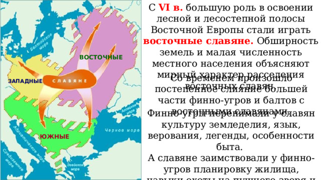 С VI в. большую роль в освоении лесной и лесостепной полосы Восточной Европы стали играть восточные славяне. Обширность земель и малая численность местного населения объясняют мирный характер расселения восточных славян. ВОСТОЧНЫЕ Со временем произошло постепенное слияние большей части финно-угров и балтов с восточными славянами. ЗАПАДНЫЕ Финно-угры перенимали у славян культуру земледелия, язык, верования, легенды, особенности быта. А славяне заимствовали у финно-угров планировку жилища, навыки охоты на пушного зверя и рыбной ловли. ЮЖНЫЕ 
