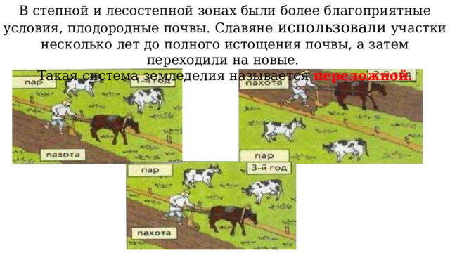 В степной и лесостепной зонах были более благоприятные условия, плодородные почвы. Славяне использовали участки несколько лет до полного истощения почвы, а затем переходили на новые. Такая система земледелия называется переложной. 