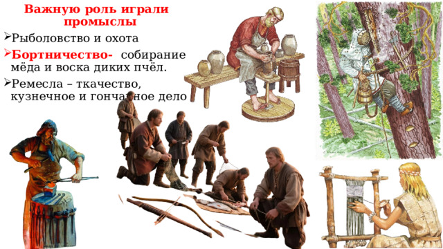 Важную роль играли промыслы Рыболовство и охота Бортничество- собирание мёда и воска диких пчёл. Ремесла – ткачество, кузнечное и гончарное дело 