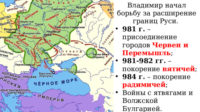 Владимир начал борьбу за расширение границ Руси. 981 г. – присоединение городов Червен и Перемышль ; 981-982 гг. – покорение вятичей ; 984 г. – покорение радимичей ; Войны с ятвягами и Волжской Булгарией. 