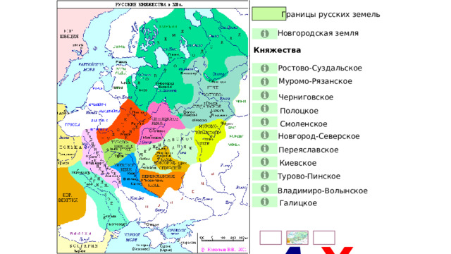 Границы русских земель Новгородская земля Княжества Ростово-Суздальское Муромо-Рязанское Черниговское Полоцкое Смоленское Новгород-Северское Переяславское Киевское Кнопки в вертикальном ряду водят территорию указанного княжества или земли, повторное нажатие на ту же кнопку удаляет введенный элемент. Кнопки в горизонтальном ряду: «А» - вводит наименования всех территорий, «карта» - выдает полную карту княжеств, «крест» - удаляет все введенное ранее. После пользования кнопок горизонтального ряда при переходе к вертикальному может понадобиться повторное нажатие на кнопку. Турово-Пинское Владимиро-Волынское Галицкое А Х 11 