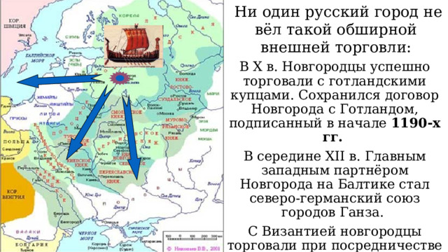  Ни один русский город не вёл такой обширной внешней торговли: В X в. Новгородцы успешно торговали с готландскими купцами. Сохранился договор Новгорода с Готландом, подписанный в начале 1190-х гг. В середине XII в. Главным западным партнёром Новгорода на Балтике стал северо-германский союз городов Ганза. С Византией новгородцы торговали при посредничестве крымских городов. 