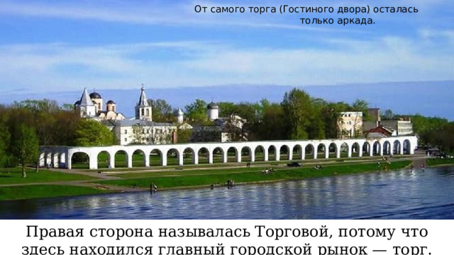 От самого торга (Гостиного двора) осталась  только аркада. Правая сторона называлась Торговой, потому что здесь находился главный городской рынок — торг.  