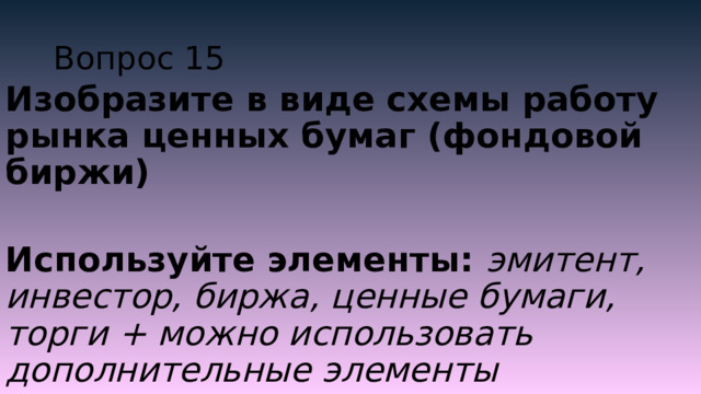 Вопрос 15 Изобразите в виде схемы работу рынка ценных бумаг (фондовой биржи)  Используйте элементы: эмитент, инвестор, биржа, ценные бумаги, торги + можно использовать дополнительные элементы 