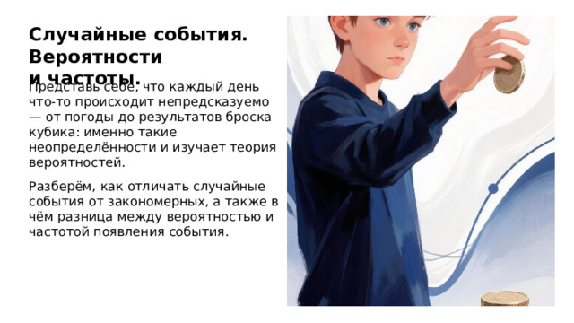Случайные события. Вероятности и частоты. Представь себе, что каждый день что‑то происходит непредсказуемо — от погоды до результатов броска кубика: именно такие неопределённости и изучает теория вероятностей. Разберём, как отличать случайные события от закономерных, а также в чём разница между вероятностью и частотой появления события.  