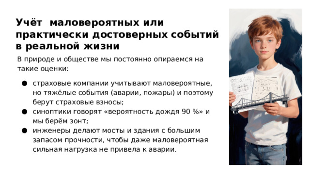 Учёт маловероятных или практически достоверных событий в реальной жизни В природе и обществе мы постоянно опираемся на такие оценки: страховые компании учитывают маловероятные, но тяжёлые события (аварии, пожары) и поэтому берут страховые взносы; синоптики говорят «вероятность дождя 90 %» и мы берём зонт; инженеры делают мосты и здания с большим запасом прочности, чтобы даже маловероятная сильная нагрузка не привела к аварии.  
