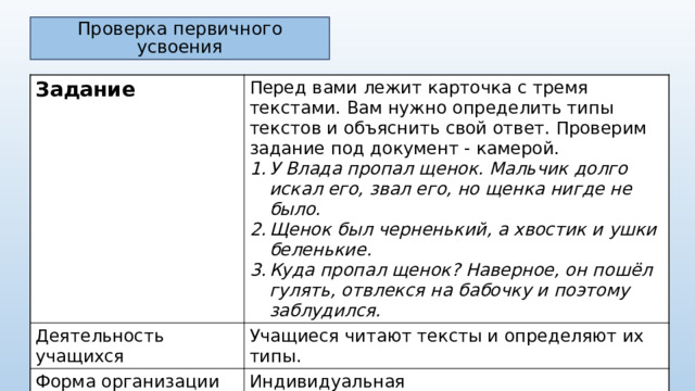 Проверка первичного усвоения Задание Перед вами лежит карточка с тремя текстами. Вам нужно определить типы текстов и объяснить свой ответ. Проверим задание под документ - камерой. Деятельность учащихся У Влада пропал щенок. Мальчик долго искал его, звал его, но щенка нигде не было. Щенок был черненький, а хвостик и ушки беленькие. Куда пропал щенок? Наверное, он пошёл гулять, отвлекся на бабочку и поэтому заблудился. Учащиеся читают тексты и определяют их типы. Форма организации деятельности Индивидуальная Оборудование Документ-камера, раздаточный материал (карточка) 