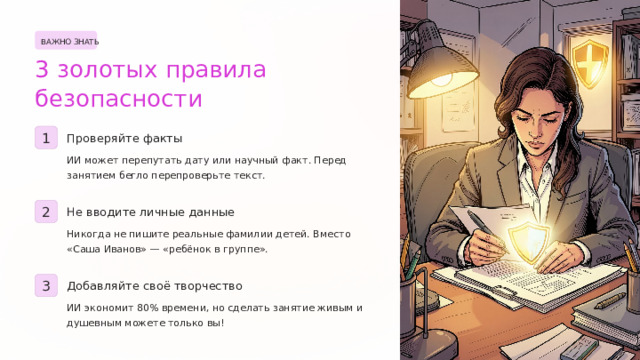 ВАЖНО ЗНАТЬ 3 золотых правила безопасности 1 Проверяйте факты ИИ может перепутать дату или научный факт. Перед занятием бегло перепроверьте текст. 2 Не вводите личные данные Никогда не пишите реальные фамилии детей. Вместо «Саша Иванов» — «ребёнок в группе». 3 Добавляйте своё творчество ИИ экономит 80% времени, но сделать занятие живым и душевным можете только вы!  