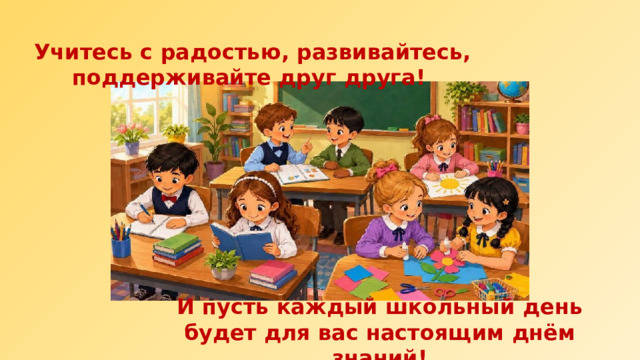 Учитесь с радостью, развивайтесь, поддерживайте друг друга! И пусть каждый школьный день будет для вас настоящим днём знаний! 