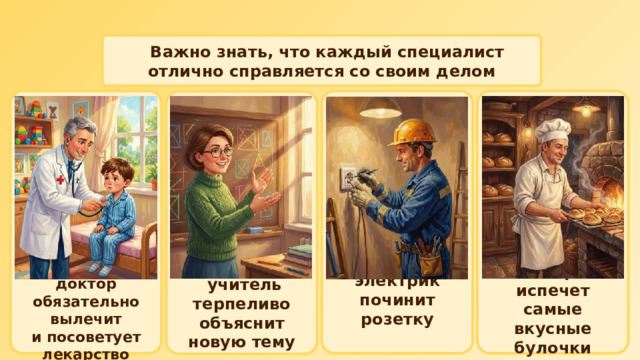  Важно знать, что каждый специалист отлично справляется со своим делом                          электрик починит розетку   пекарь испечет самые вкусные булочки   доктор обязательно вылечит и посоветует лекарство                      учитель терпеливо объяснит новую тему         