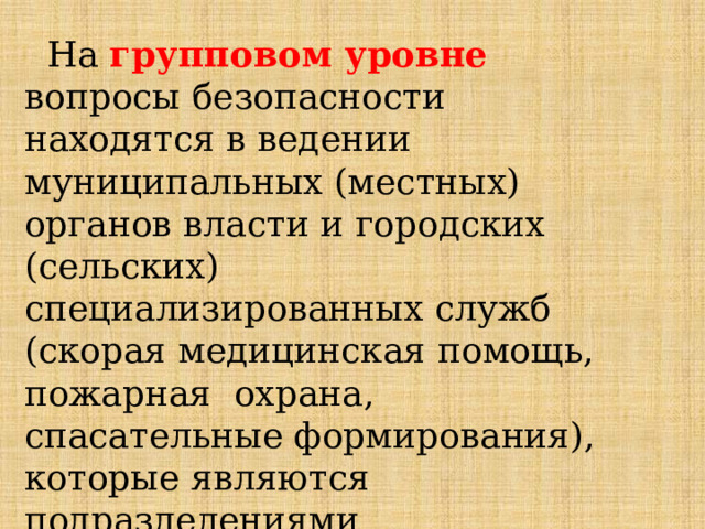  На  групповом  уровне  вопросы  безопасности  находятся  в  ведении  муниципальных (местных)  органов  власти  и городских  (сельских)  специализированных  служб  (скорая  медицинская  помощь,  пожарная  охрана, спасательные формирования),  которые являются  подразделениями  соответствующих  федеральных  министерств  и  ведомств. 