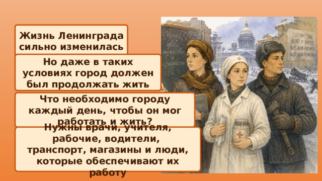 Жизнь Ленинграда сильно изменилась Но даже в таких условиях город должен был продолжать жить Что необходимо городу каждый день, чтобы он мог работать и жить? Нужны врачи, учителя, рабочие, водители, транспорт, магазины и люди, которые обеспечивают их работу 