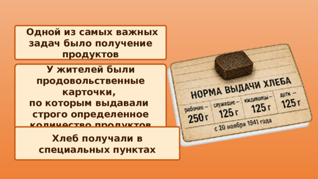  Одной из самых важных задач было получение продуктов У жителей были продовольственные карточки, по которым выдавали строго определенное количество продуктов Хлеб получали в специальных пунктах 