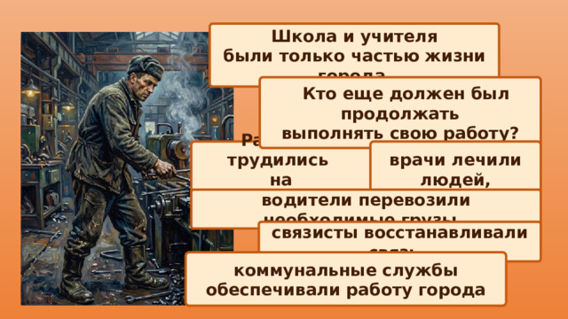Школа и учителя были только частью жизни города  Кто еще должен был продолжать выполнять свою работу? Рабочие трудились  на предприятиях, врачи лечили людей,  водители перевозили необходимые грузы, связисты восстанавливали связь, коммунальные службы обеспечивали работу города 