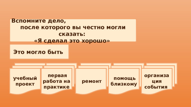 Вспомните дело, после которого вы честно могли сказать: «Я сделал это хорошо» Это могло быть учебный проект  первая работа на практике  ремонт  помощь близкому организация события 