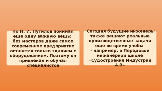  Сегодня будущие инженеры также решают реальные производственные задачи еще во время учебы - например, в Передовой инженерной школе «Судостроение Индустрии 4.0» Но Н. И. Путилов понимал еще одну важную вещь: без мастеров даже самое современное предприятие останется только зданием с оборудованием. Поэтому он привлекал и обучал специалистов 