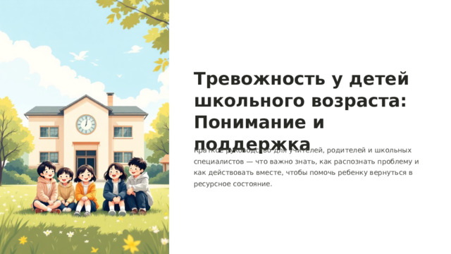  Тревожность у детей школьного возраста: Понимание и поддержка Краткое руководство для учителей, родителей и школьных специалистов — что важно знать, как распознать проблему и как действовать вместе, чтобы помочь ребенку вернуться в ресурсное состояние. 