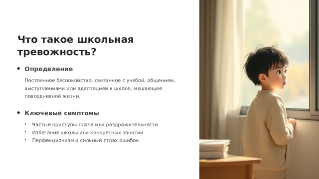  Что такое школьная тревожность? Определение Постоянное беспокойство, связанное с учебой, общением, выступлениями или адаптацией в школе, мешающее повседневной жизни. Ключевые симптомы Частые приступы плача или раздражительности Избегание школы или конкретных занятий Перфекционизм и сильный страх ошибок 