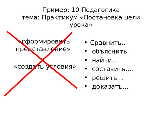 Пример: 10 Педагогика  тема: Практикум «Постановка цели урока»    «сформировать представление»  «создать условия» Сравнить..  объяснить…  найти….  составить….  решить…  доказать…   