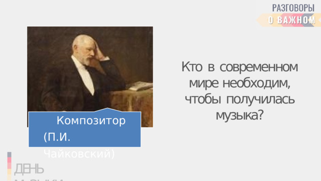 Кто  в  современном  мире необходим,  чтобы  получилась  музыка? Композитор (П.И.  Чайковский) ДЕНЬ  МуЗЫКИ 