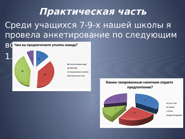 Практическая часть Среди учащихся 7-9-х нашей школы я провела анкетирование по следующим вопросам: 1.  2. 
