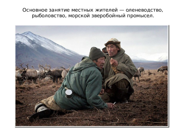 Основное занятие местных жителей — оленеводство, рыболовство, морской зверобойный промысел.   