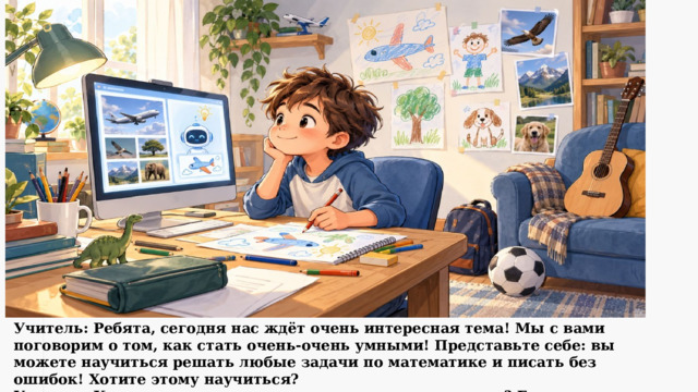 Учитель: Ребята, сегодня нас ждёт очень интересная тема! Мы с вами поговорим о том, как стать очень-очень умными! Представьте себе: вы можете научиться решать любые задачи по математике и писать без ошибок! Хотите этому научиться? Учитель: Кому же тогда можно доверить все наши знания? Где их лучше всего хранить? 