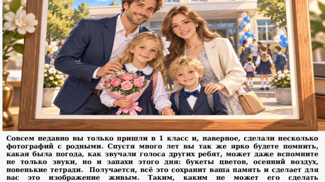 Совсем недавно вы только пришли в 1 класс и, наверное, сделали несколько фотографий с родными. Спустя много лет вы так же ярко будете помнить, какая была погода, как звучали голоса других ребят, может даже вспомните не только звуки, но и запахи этого дня: букеты цветов, осенний воздух, новенькие тетради. Получается, всё это сохранит ваша память и сделает для вас это изображение живым. Таким, каким не может его сделать искусственный интеллект. И, глядя на это фото, вы сможете рассказать уже своим детям или даже внукам, каким было ваше 1 сентября в 1 классе 