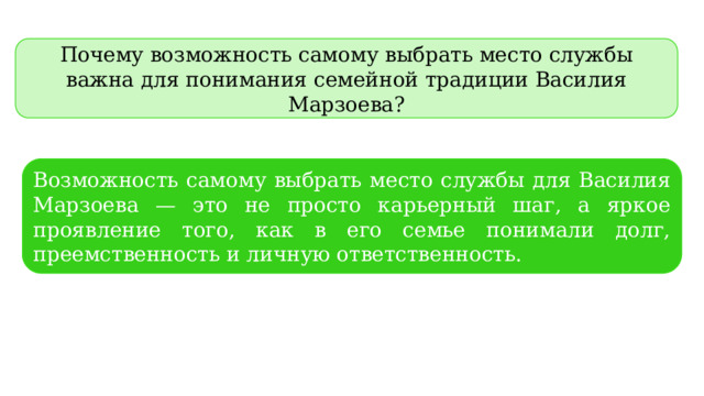 Почему возможность самому выбрать место службы важна для понимания семейной традиции Василия Марзоева? Возможность самому выбрать место службы для Василия Марзоева — это не просто карьерный шаг, а яркое проявление того, как в его семье понимали долг, преемственность и личную ответственность. 