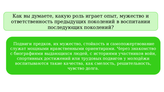 Как вы думаете, какую роль играет опыт, мужество и ответственность предыдущих поколений в воспитании последующих поколений?   Подвиги предков, их мужество, стойкость и самопожертвование служат мощными нравственными ориентирами. Через знакомство с биографиями выдающихся людей, с историями участников войн, спортивных достижений или трудовых подвигов у молодёжи воспитываются такие качества, как смелость, решительность, чувство долга. 