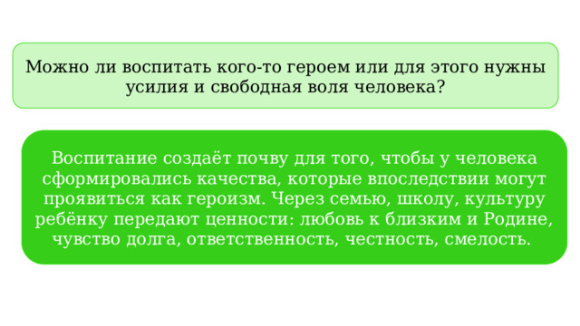 Можно ли воспитать кого-то героем или для этого нужны усилия и свободная воля человека? Воспитание создаёт почву для того, чтобы у человека сформировались качества, которые впоследствии могут проявиться как героизм. Через семью, школу, культуру ребёнку передают ценности: любовь к близким и Родине, чувство долга, ответственность, честность, смелость.  
