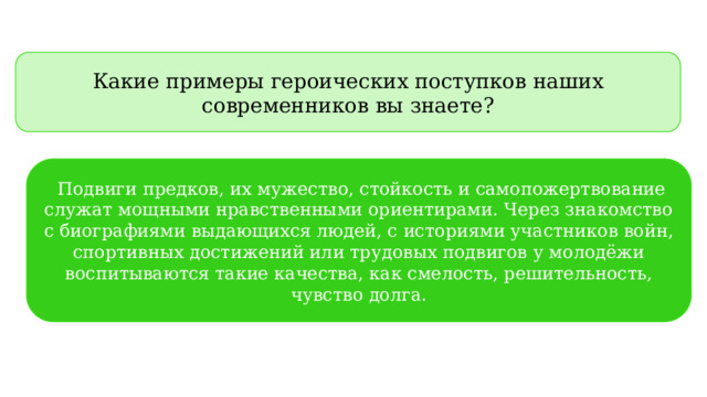 Какие примеры героических поступков наших современников вы знаете?   Подвиги предков, их мужество, стойкость и самопожертвование служат мощными нравственными ориентирами. Через знакомство с биографиями выдающихся людей, с историями участников войн, спортивных достижений или трудовых подвигов у молодёжи воспитываются такие качества, как смелость, решительность, чувство долга. 