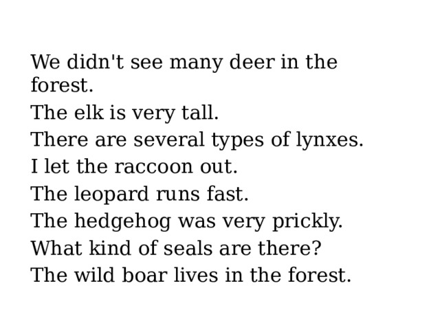 We didn't see many deer in the forest. The elk is very tall. There are several types of lynxes. I let the raccoon out. The leopard runs fast. The hedgehog was very prickly. What kind of seals are there? The wild boar lives in the forest. 