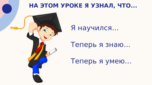 На этом уроке я узнал, что...   Я научился… Теперь я знаю… Теперь я умею… 