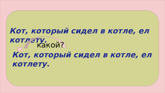какой? Кот, который сидел в котле, ел котлету. Кот, который сидел в котле, ел котлету. 