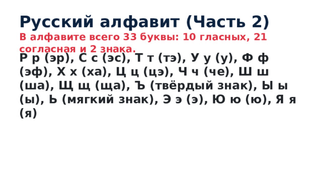 Русский алфавит (Часть 2) В алфавите всего 33 буквы: 10 гласных, 21 согласная и 2 знака. Р р (эр), С с (эс), Т т (тэ), У у (у), Ф ф (эф), Х х (ха), Ц ц (цэ), Ч ч (че), Ш ш (ша), Щ щ (ща), Ъ (твёрдый знак), Ы ы (ы), Ь (мягкий знак), Э э (э), Ю ю (ю), Я я (я) 