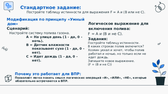 Стандартное задание:  Постройте таблицу истинности для выражения F = A и (B или не C). Модификация по принципу «Умный дом» Сценарий:  Настройте систему полива газона. A = На улице день (1 - да, 0 - ночь). B = Датчик влажности показывает сухо (1 - да, 0 - нет). C = Идет дождь (1 - да, 0 - нет).   Логическое выражение для включения полива:   F = A и (B и не C). Задания: Постройте таблицу истинности. В каких строках полив включится? Хозяин уехал и хочет, чтобы полив работал и ночью, но только если не идет дождь. Запишите новое выражение. (F = (B и не C)) Почему это работает для ВПР:  Позволяет легко понять смысл логических операций «И», «ИЛИ», «НЕ», которые обязательно встречаются в ВПР.  