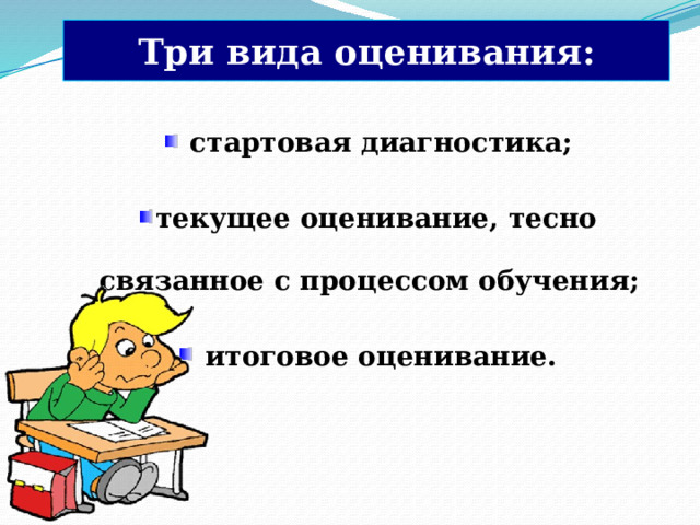 Три вида оценивания:  стартовая диагностика; текущее оценивание, тесно связанное с процессом обучения;  итоговое оценивание.  Стартовая диагностика ( на входе) в 1 классах основывается на результатах мониторинга общей готовности первоклассников к обучению в школе.  